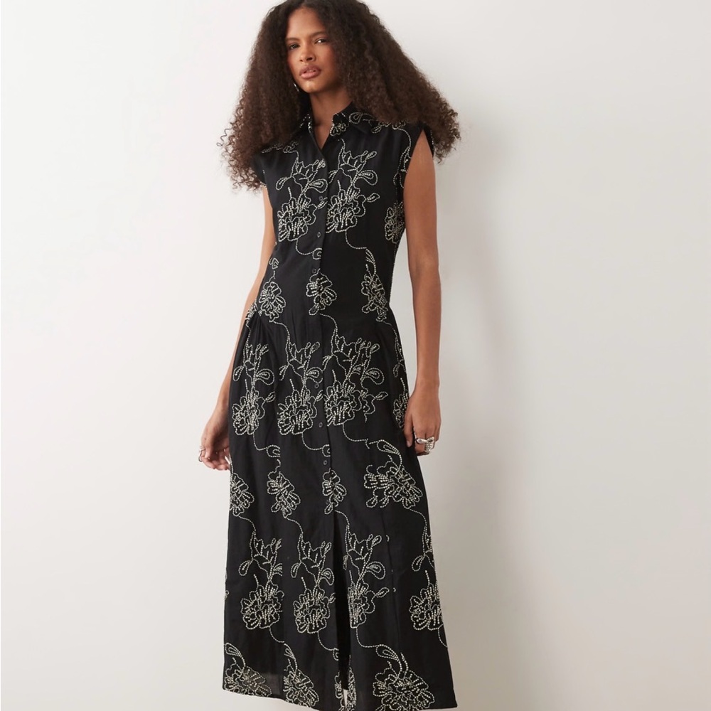 Mango embroidered midi sleeveless shirt dress in black